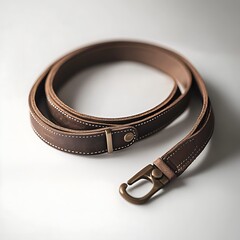 Brown leather belt with brass buckle displayed on a neutral background for fashion use