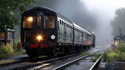 Naklejka premium Vintage Black Steam Locomotive Train Traveling Through Foggy Nature with Station and Tracks at Dawn