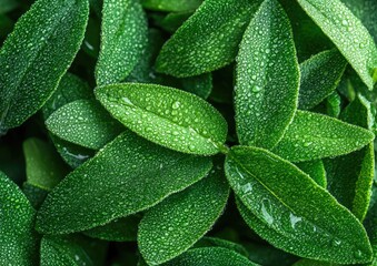 Fototapeta premium Beautiful green leaves with water droplets in close-up. Abstract nature background, suitable for an eco-product or natural cosmetic concept.