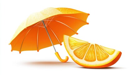 Cheerful Lemon Slice with Tiny Umbrella on White Background
