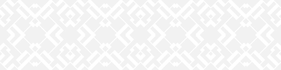 Seamless fashion pattern of squares and lines, geometric white figures for textile and wallpaper. Abstract panoramic ornament on gray background for New Year or wedding cover or postcard.