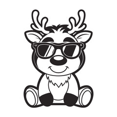 Cartoon Reindeer Wearing Sunglasses Black and White Isolated on White Sitting Down