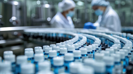 Obraz premium Laboratory workers in white coats and masks handle vials in factory