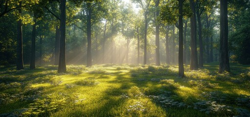 Obraz premium Sunlit Forest Path: A Serene Morning in the Woods