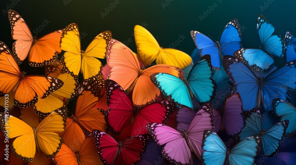 Poster colorful butterfly display with a variety of colors and patterns. concept of vibrancy and diversity,