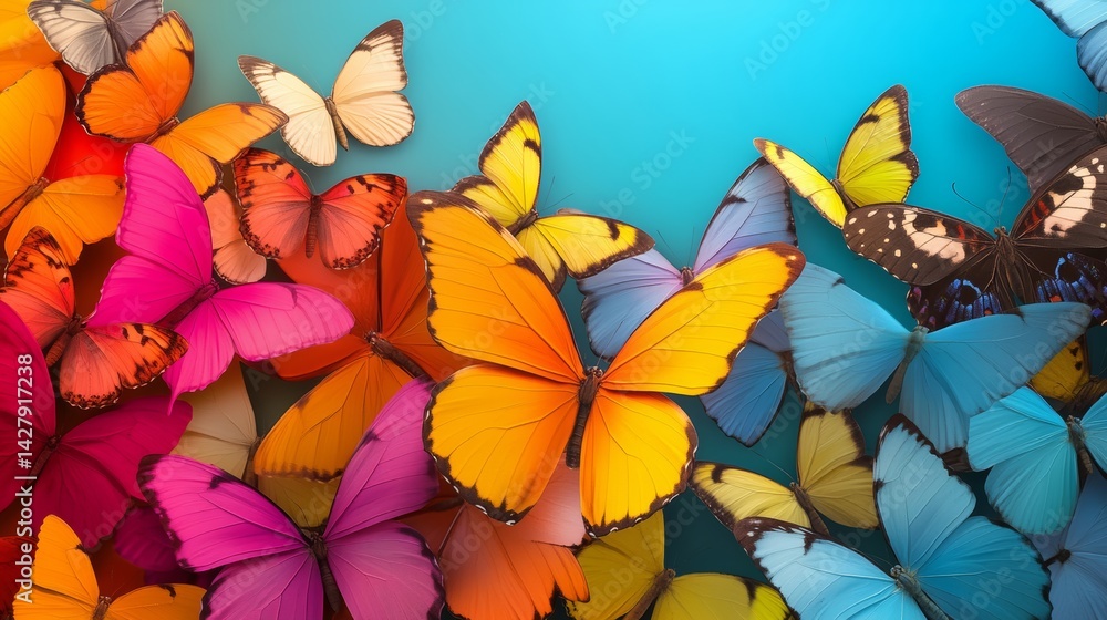 Poster colorful butterfly display with many different colored butterflies. the butterflies are arranged in 