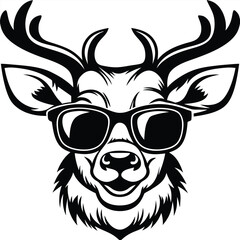 Stylized Deer Head With Antlers & Sunglasses, Black And White Animal Silhouette