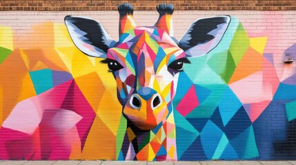 A colorful mural on a brick wall depicts a vibrant, geometric giraffe. © MDRifat