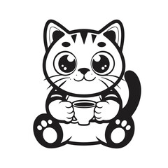 Cute Striped Cat Holding Tea Cup, Adorable Feline Enjoying Drink, Big Eyes, Black, White
