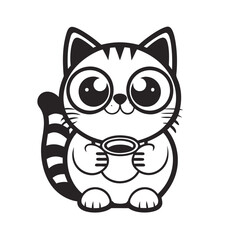 Cute Striped Cat Holding Tea Cup, Adorable Feline Enjoying Drink, Big Eyes, Black, White