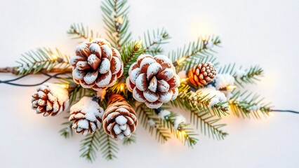 Fototapeta premium Snow-covered pine cones sit comfortably on spruce branches among twinkling Christmas lights. The soft glow of the garland creates a warm, festive atmosphere.