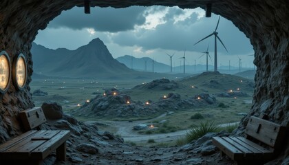 Energy bunker scene with multiple battery levels charged from hilltop wind turbine array