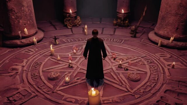 A robed figure standing within a carved pentagram circle surrounded by burning candles in a stone chamber, columns and mysterious objects.