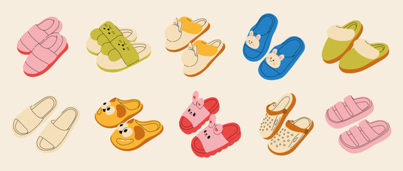 Summer cute slippers, sandals, flop flip shoes beach footwear accessories set. Stylish modern design. Flat hand drawn colorful vector illustration. Womens and childrens cute house shoes