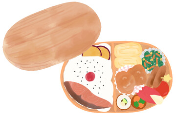 上から見たお弁当・わっぱ飯のイラスト　水彩風のおしゃれでかわいい絵本風イラスト　