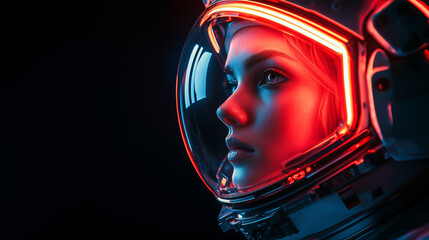 Futuristic astronaut woman in a glowing space helmet, side profile