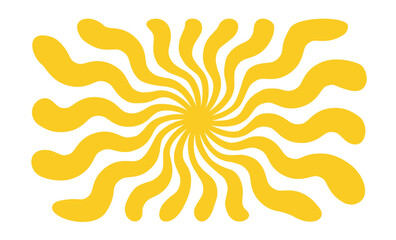 Yellow sun rays background. Wavy rays in groovy style. Abstract sun burst poster. Psychedelic texture. 70s, 80s design. Radial wave lines. Vector illustration isolated on white background.