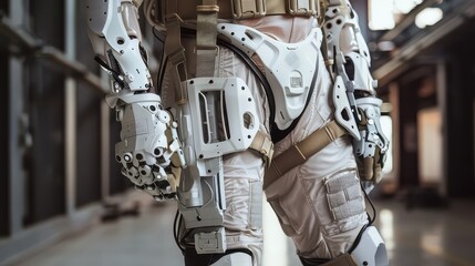 Close up of a robotic suit with white armor and beige straps in a blurry corridor setting