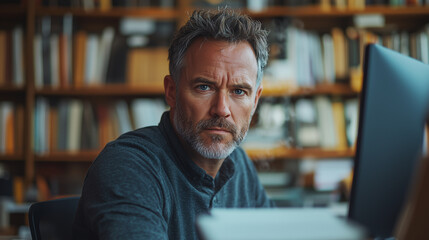 Obraz premium Focused man working at a desk surrounded by books in a cozy library