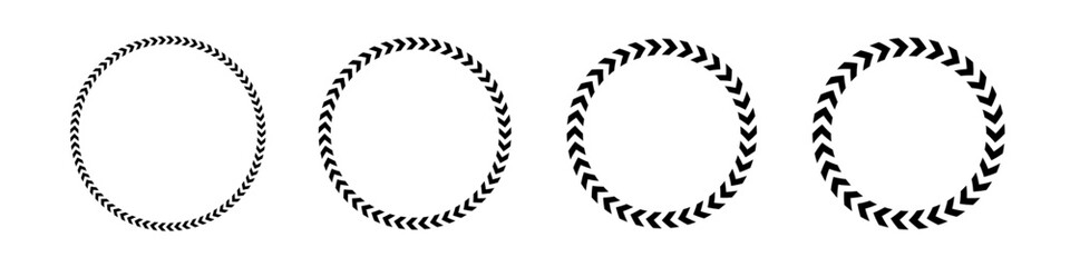 Chevron arrow circles set. Chevron shape round frame. Motion direction road border. Triangle arrow sign. Warning repeat stripe. Circle arrow icon. Vector illustration isolated on white background.