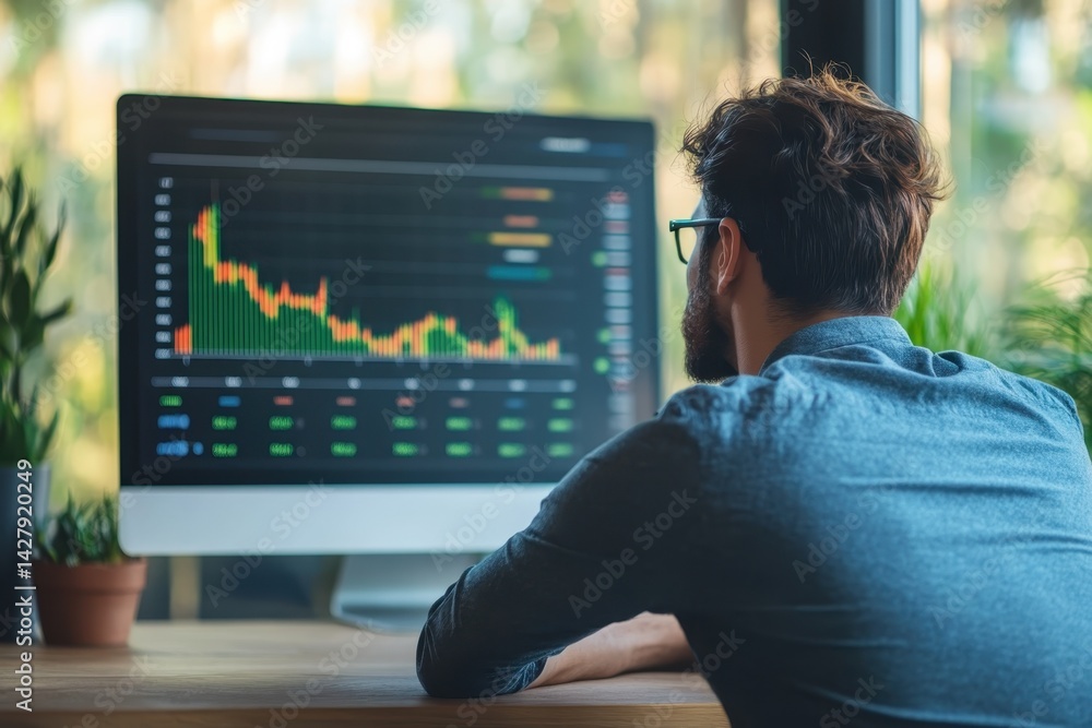 Poster individual analyzing financial data on a desktop computer in a bright office setting