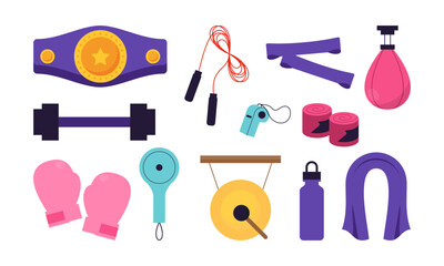 Boxing Equipment Tools Set. Flat Illustration Icon Collection for Training and Fitness.