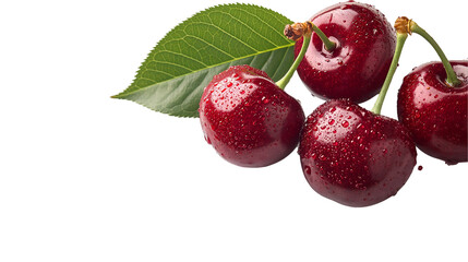 Juicy Red Cherries Fresh Summer Fruit with Dew Drops on Green Leaf for Food Displays.