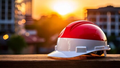 A red and white construction hard hat rests on a wooden surface. The background features an urban setting with parts of high-rise buildings under construction blurred.