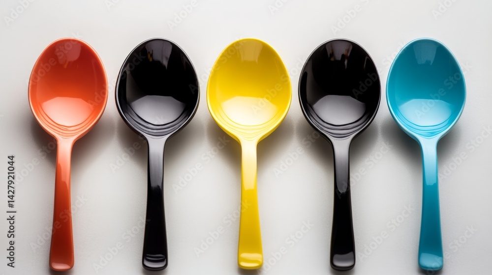 Poster row of five spoons, each with a different color, are lined up on a white surface