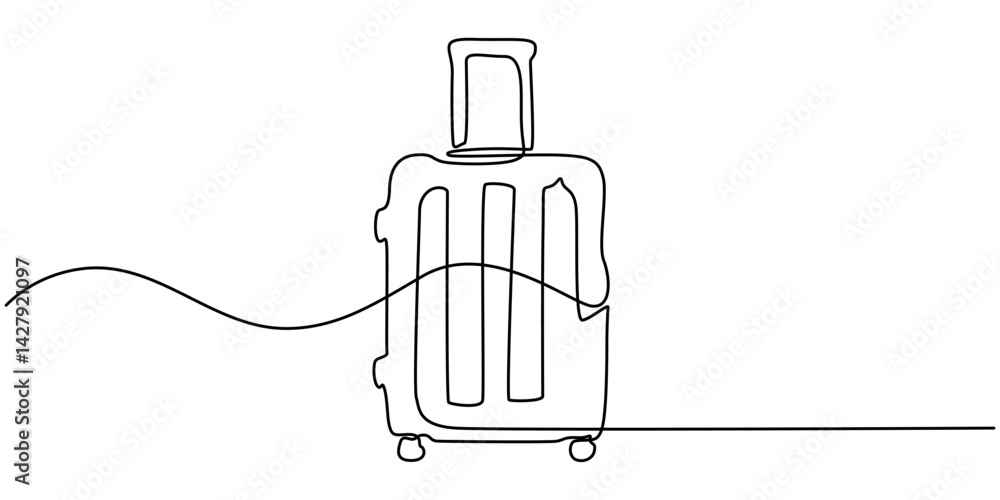 Poster continuous one line of suitcase with heart and lettering in linear art style. single line drawing, c