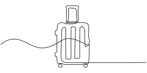 Continuous one line of suitcase with heart and lettering in linear art style. Single line drawing, Continuous one line of suitcase with heart and lettering in linear art style. Single line drawing.