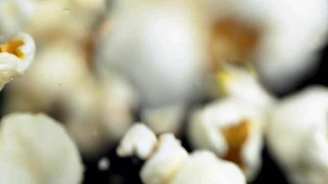 Macro footage shows a single miniature corn being transformed into a popcorn, suddenly explodes into a fluffy white piece of popcorn against a black background
