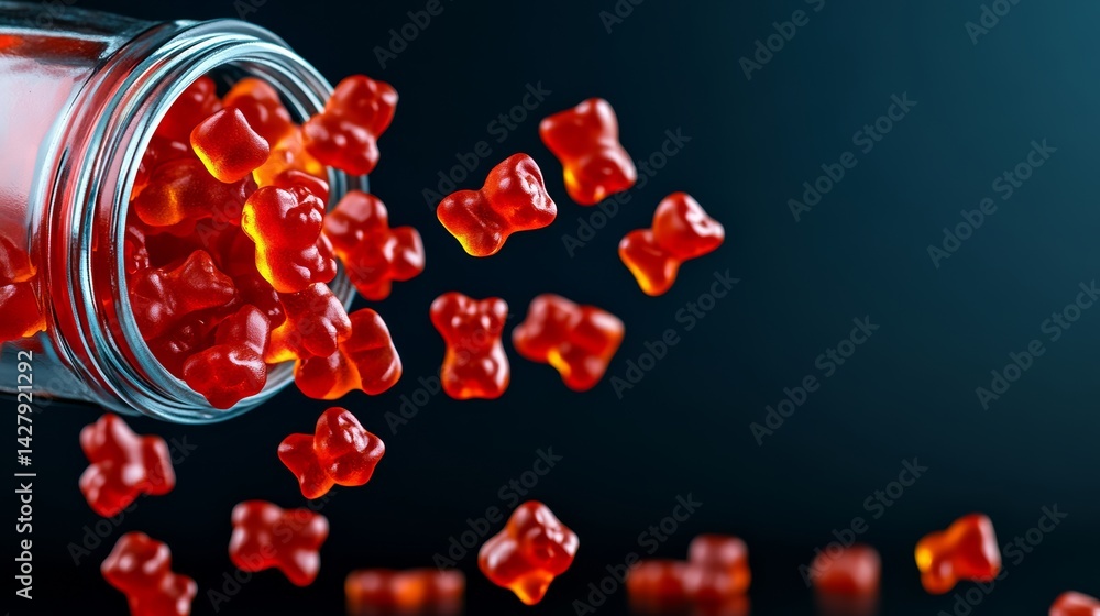 Poster jar of red gummy bears is falling out of the jar. the image has a playful and fun mood, as the gummy