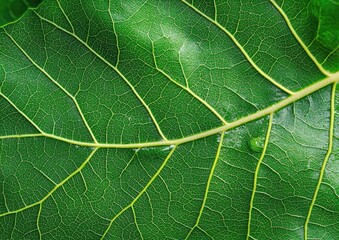 Fototapeta premium Green leaf with water droplets close up. Green background for design, eco concept.