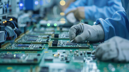 Hands assembling circuit boards in factory setting with precision