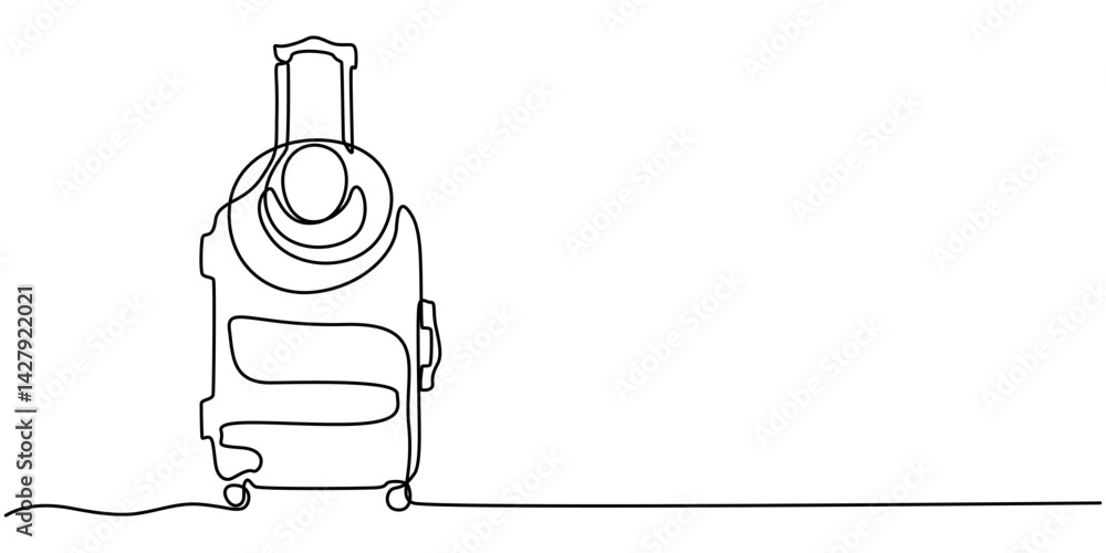 Poster continuous one line of suitcase with heart and lettering in linear art style. single line drawing, c