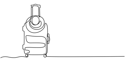 Continuous one line of suitcase with heart and lettering in linear art style. Single line drawing, Continuous one line of suitcase with heart and lettering in linear art style. Single line drawing.
