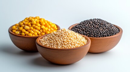 Three bowls of different colored beans are shown on a white background. The bowls are arranged in a row, with the first bowl on the left, the second in the middle, and the third on the right