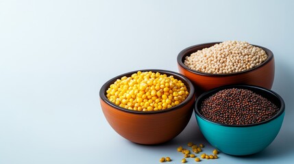 Three bowls of different colored beans are on a white background. The bowls are arranged in a row, with the first bowl on the left, the second in the middle, and the third on the right