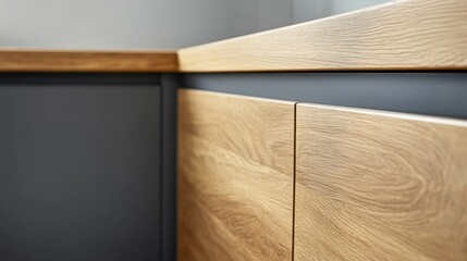Close-up of modern light oak kitchen cabinetry.