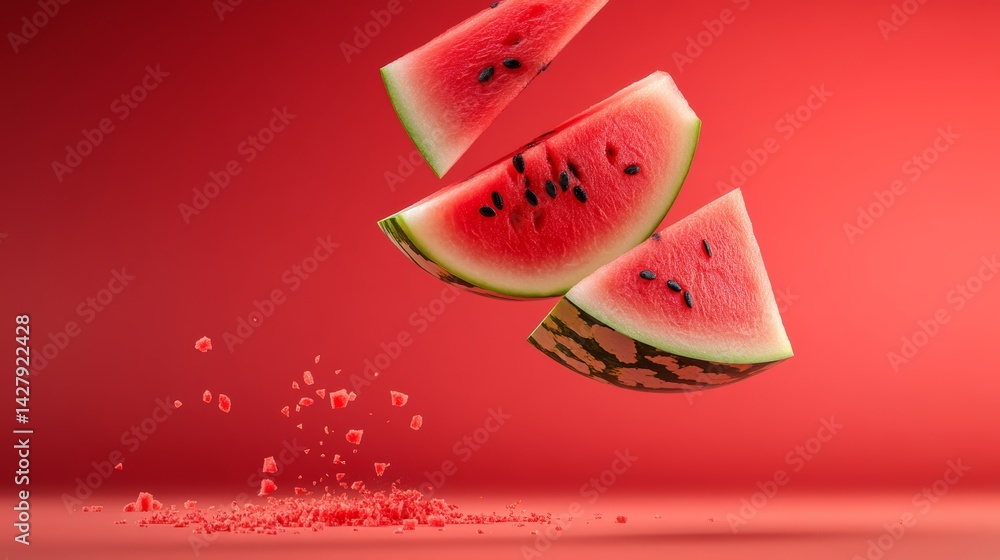 Poster watermelon slice is in the air, with the other two slices on the ground. the image has a playful and