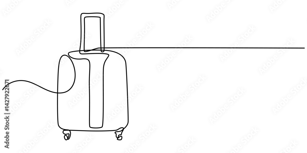 Poster continuous one line of suitcase with heart and lettering in linear art style. single line drawing, c