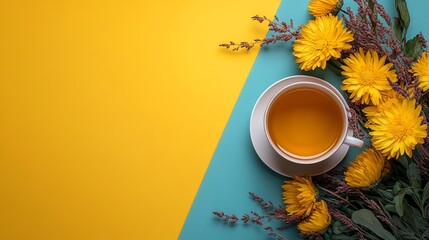 Cup of tea is surrounded by yellow flowers on a yellow and blue background. The flowers are arranged in a way that they complement the cup and the background, creating a harmonious