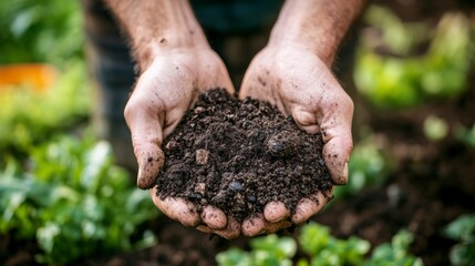 Close Up of Dirty Hands Holding Dark Brown Soil in Lush Green Garden