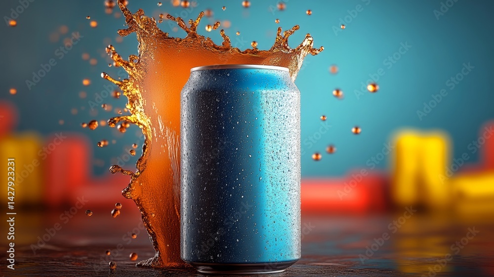 Poster can of soda is sitting on a table with a splash of liquid around it. the image has a playful and fun