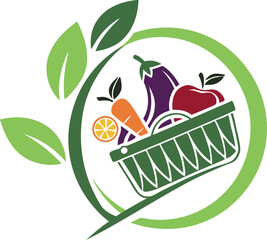 Healthy Food Basket Logo: This vibrant and cheerful logo showcases a basket overflowing with fresh fruits and vegetables, symbolizing a commitment to healthy eating and organic goodness.