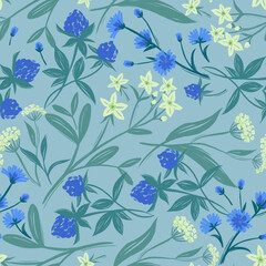 Seamless pattern with meadow flowers yellow and blue Summer mood