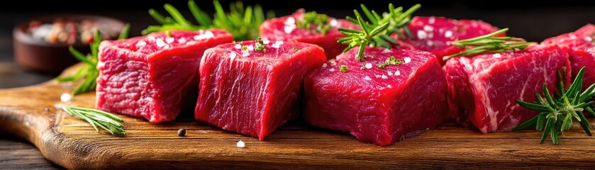 Panorama of fresh pet food with high-quality meat concept. Freshly cut raw beef cubes on a wooden board with herbs.
