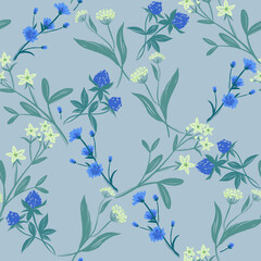 Seamless pattern with meadow flowers yellow and blue Summer mood