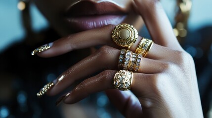 Closeup of Woman's Hand with Gold Rings and Glitter Nails